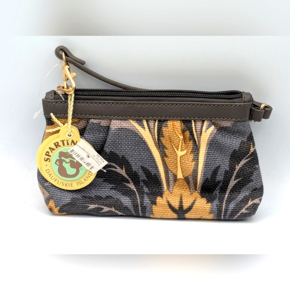 NWT Spartina linen and leather wristlet purse